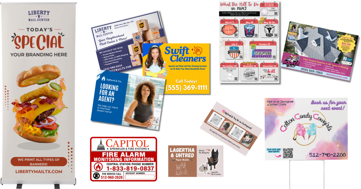 Sample of printed products produced by Liberty Mail Center, including business cards, yard signs, postcards and a retractable banner