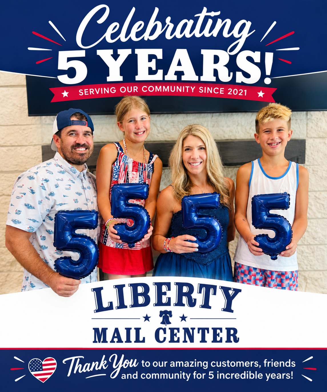 The Liberty Mail Center owner and family celebrating 5 years in business, holding number-five balloons in front of the Liberty Mail Center sign
